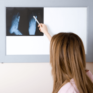 Un podologue examine une radiographie des pieds de son patient pour comprendre l'origine de la douleur de l'orteil